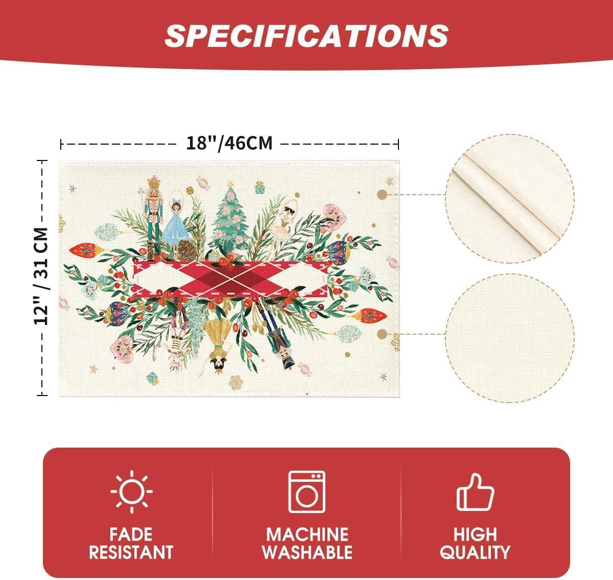 image:imageArtoid Mode Red Nutcracker Floral Holly Christmas Placemats Set of 4 12x18 Inch Seasonal Winter Table Mats for Party Kitchen Dining DecorationMulticolor