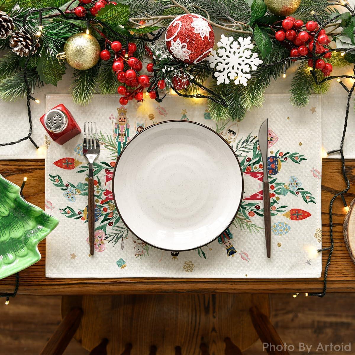 image:imageArtoid Mode Red Nutcracker Floral Holly Christmas Placemats Set of 4 12x18 Inch Seasonal Winter Table Mats for Party Kitchen Dining DecorationMulticolor
