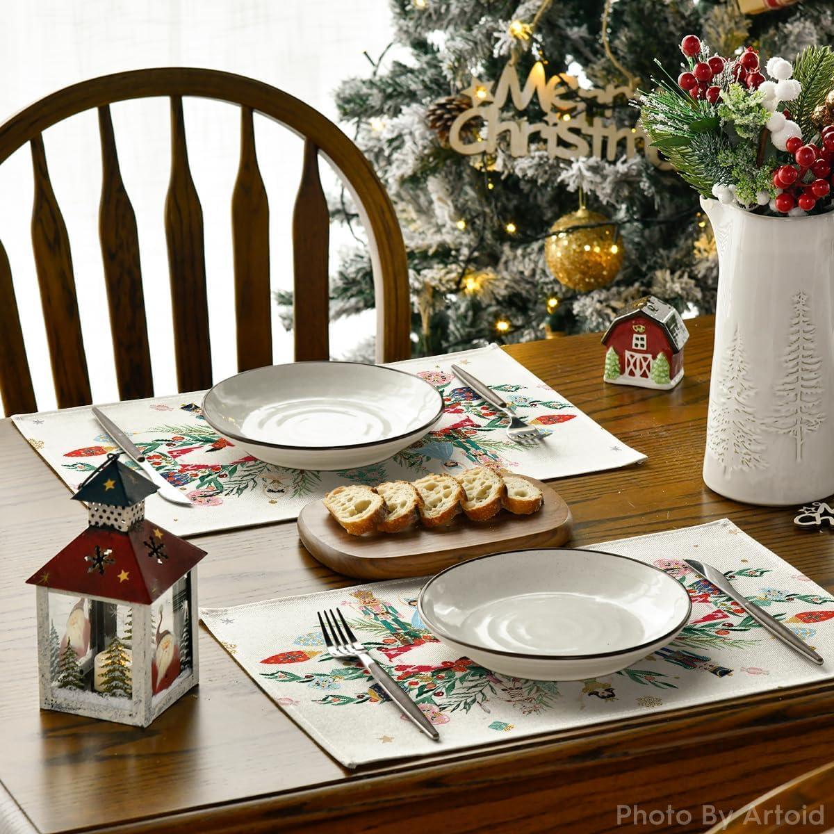 image:imageArtoid Mode Red Nutcracker Floral Holly Christmas Placemats Set of 4 12x18 Inch Seasonal Winter Table Mats for Party Kitchen Dining DecorationMulticolor