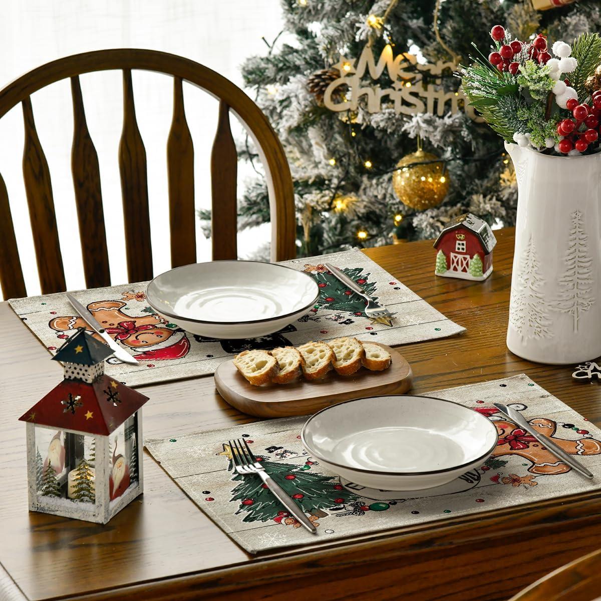 image:imageArtoid Mode Snowman Tree Gingerbread Wood Christmas Placemats Set of 4 12x18 Inch Seasonal Winter Holiday Table Mats for Party Kitchen Dining DecorationWood