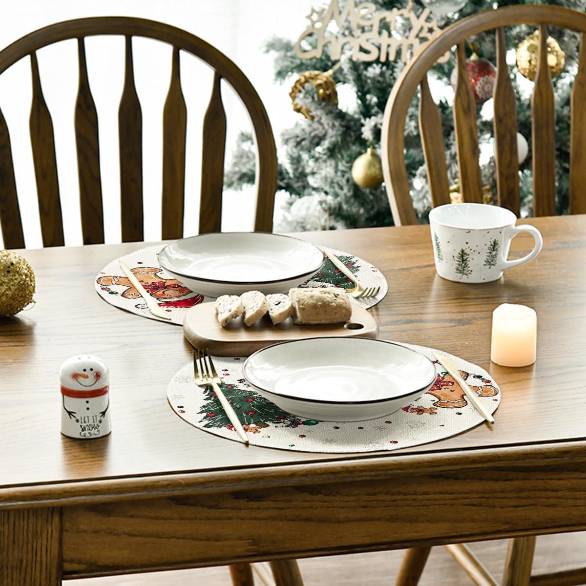 image:imageArtoid Mode Snowman Tree Gingerbread Wood Christmas Placemats Set of 4 12x18 Inch Seasonal Winter Holiday Table Mats for Party Kitchen Dining DecorationBeige