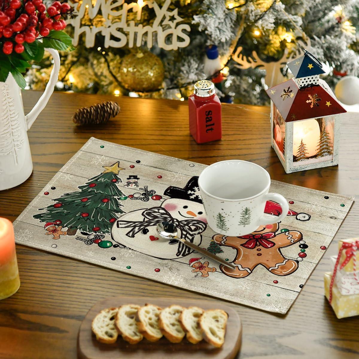 image:imageArtoid Mode Snowman Tree Gingerbread Wood Christmas Placemats Set of 4 12x18 Inch Seasonal Winter Holiday Table Mats for Party Kitchen Dining DecorationWood