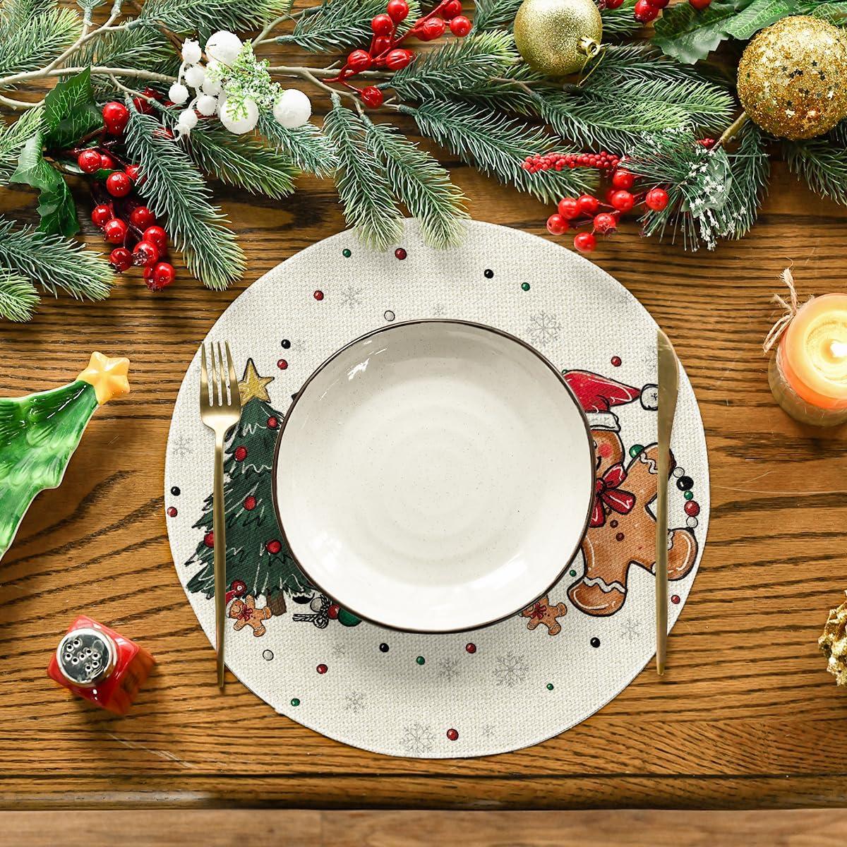 image:imageArtoid Mode Snowman Tree Gingerbread Wood Christmas Placemats Set of 4 12x18 Inch Seasonal Winter Holiday Table Mats for Party Kitchen Dining DecorationBeige