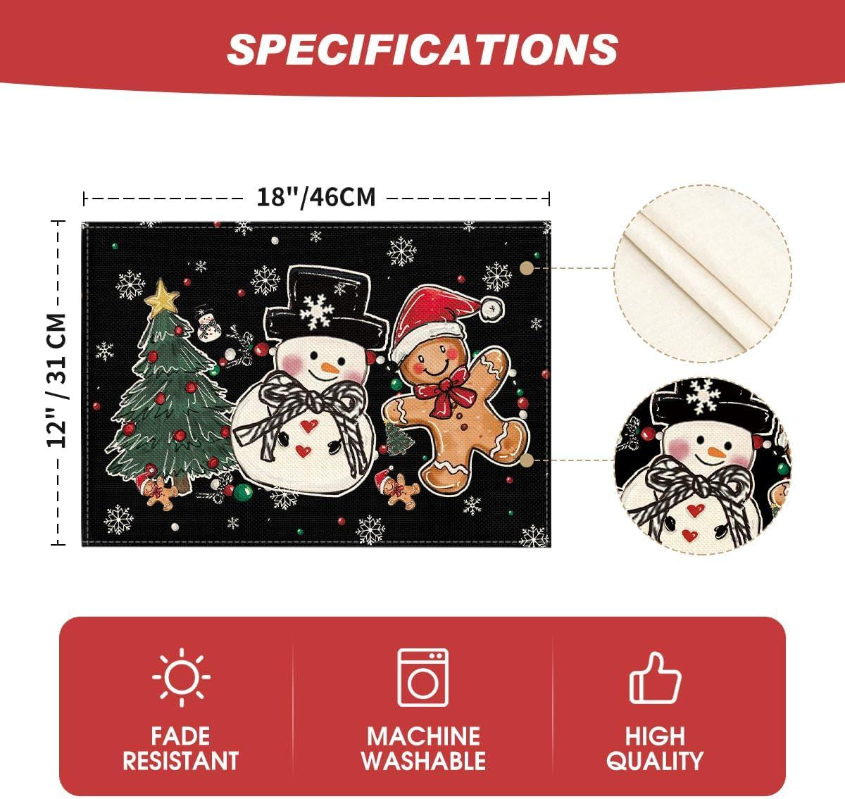 image:imageArtoid Mode Snowman Tree Gingerbread Wood Christmas Placemats Set of 4 12x18 Inch Seasonal Winter Holiday Table Mats for Party Kitchen Dining DecorationBlack