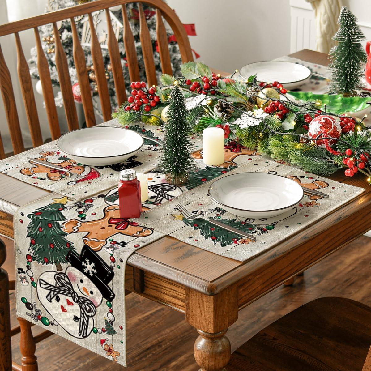 image:imageArtoid Mode Snowman Tree Gingerbread Wood Christmas Placemats Set of 4 12x18 Inch Seasonal Winter Holiday Table Mats for Party Kitchen Dining DecorationWood