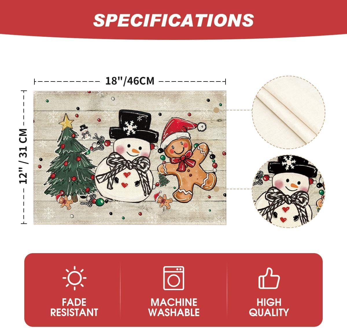 image:imageArtoid Mode Snowman Tree Gingerbread Wood Christmas Placemats Set of 4 12x18 Inch Seasonal Winter Holiday Table Mats for Party Kitchen Dining DecorationWood