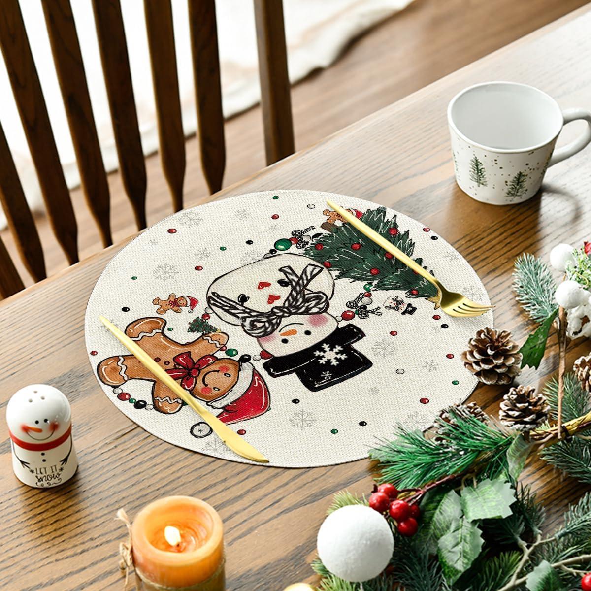 image:imageArtoid Mode Snowman Tree Gingerbread Wood Christmas Placemats Set of 4 12x18 Inch Seasonal Winter Holiday Table Mats for Party Kitchen Dining DecorationBeige