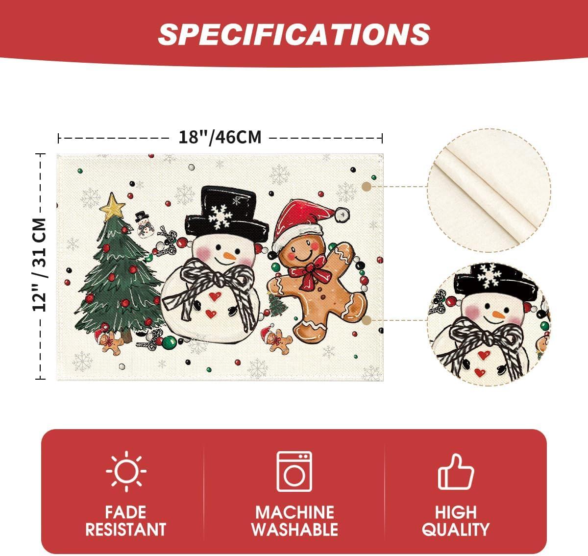 image:imageArtoid Mode Snowman Tree Gingerbread Wood Christmas Placemats Set of 4 12x18 Inch Seasonal Winter Holiday Table Mats for Party Kitchen Dining DecorationBeige