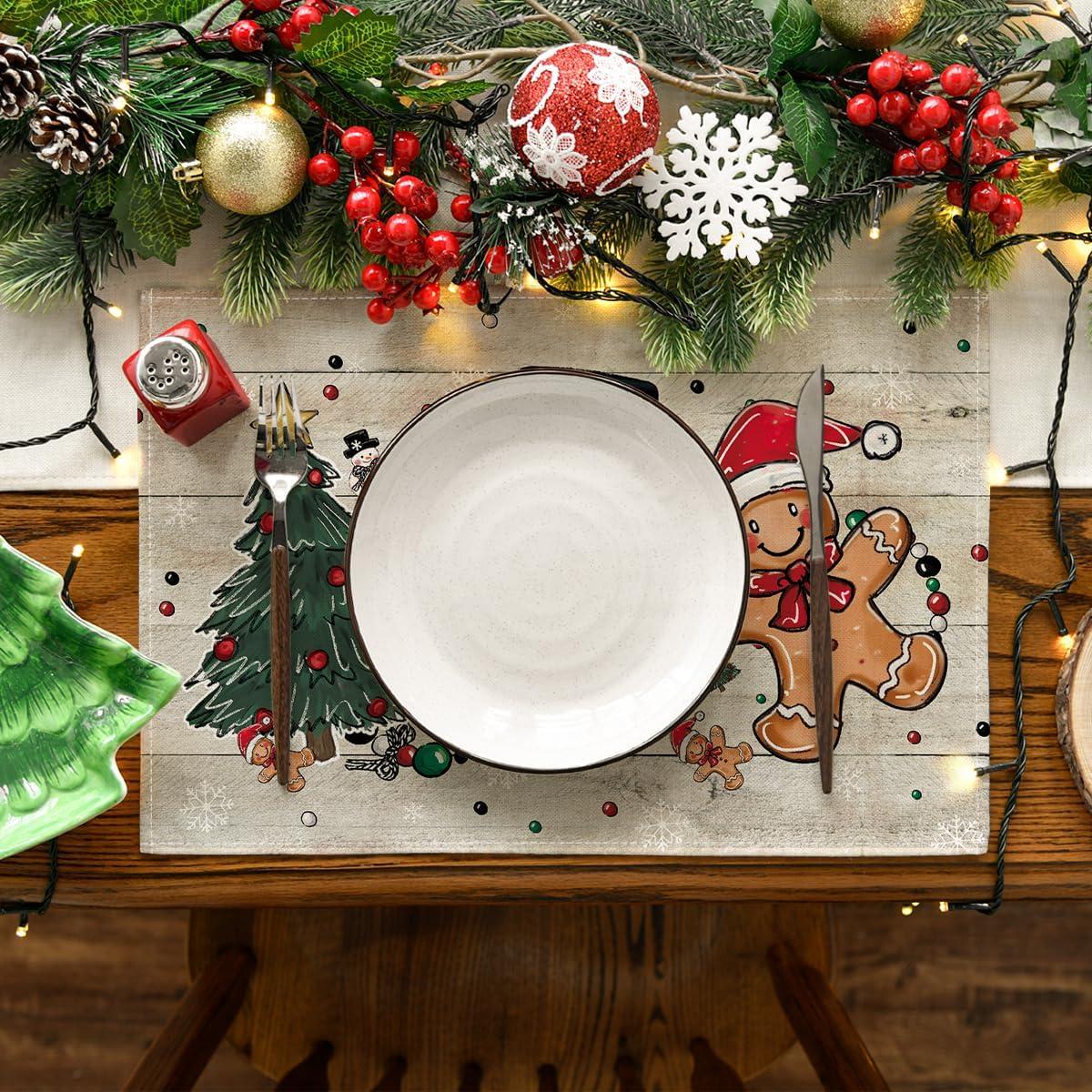 image:imageArtoid Mode Snowman Tree Gingerbread Wood Christmas Placemats Set of 4 12x18 Inch Seasonal Winter Holiday Table Mats for Party Kitchen Dining DecorationWood