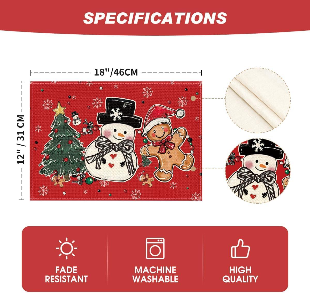 image:imageArtoid Mode Snowman Tree Gingerbread Wood Christmas Placemats Set of 4 12x18 Inch Seasonal Winter Holiday Table Mats for Party Kitchen Dining DecorationRed