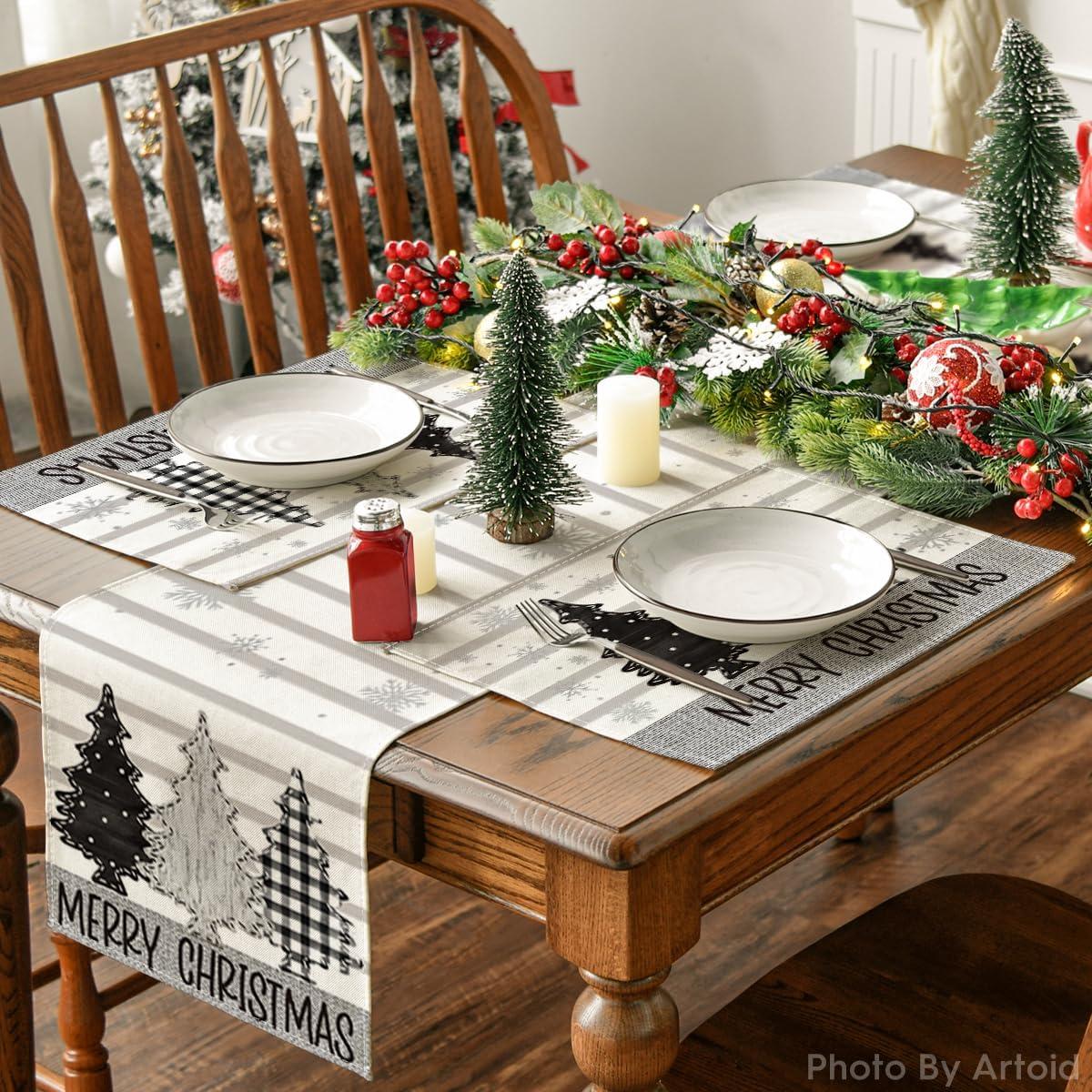 image:imageArtoid Mode Stripes Pine Trees Snowflake Merry Christmas Placemats Set of 4 12x18 Inch Winter Xmas Table Mats for Party Kitchen Dining Decoration