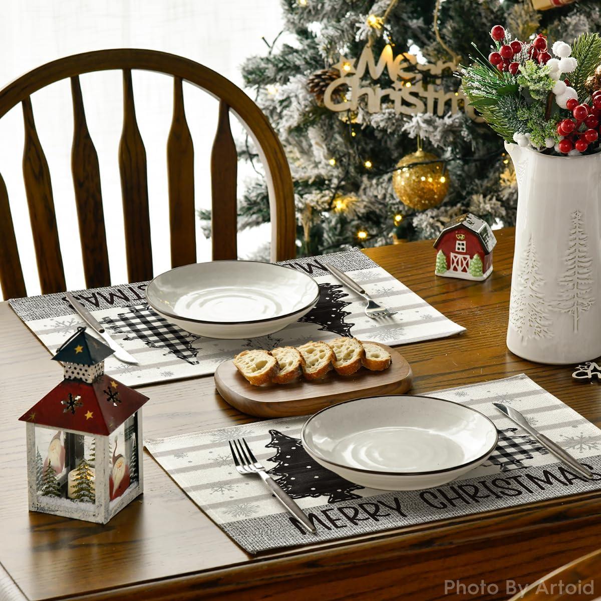 image:imageArtoid Mode Stripes Pine Trees Snowflake Merry Christmas Placemats Set of 4 12x18 Inch Winter Xmas Table Mats for Party Kitchen Dining Decoration