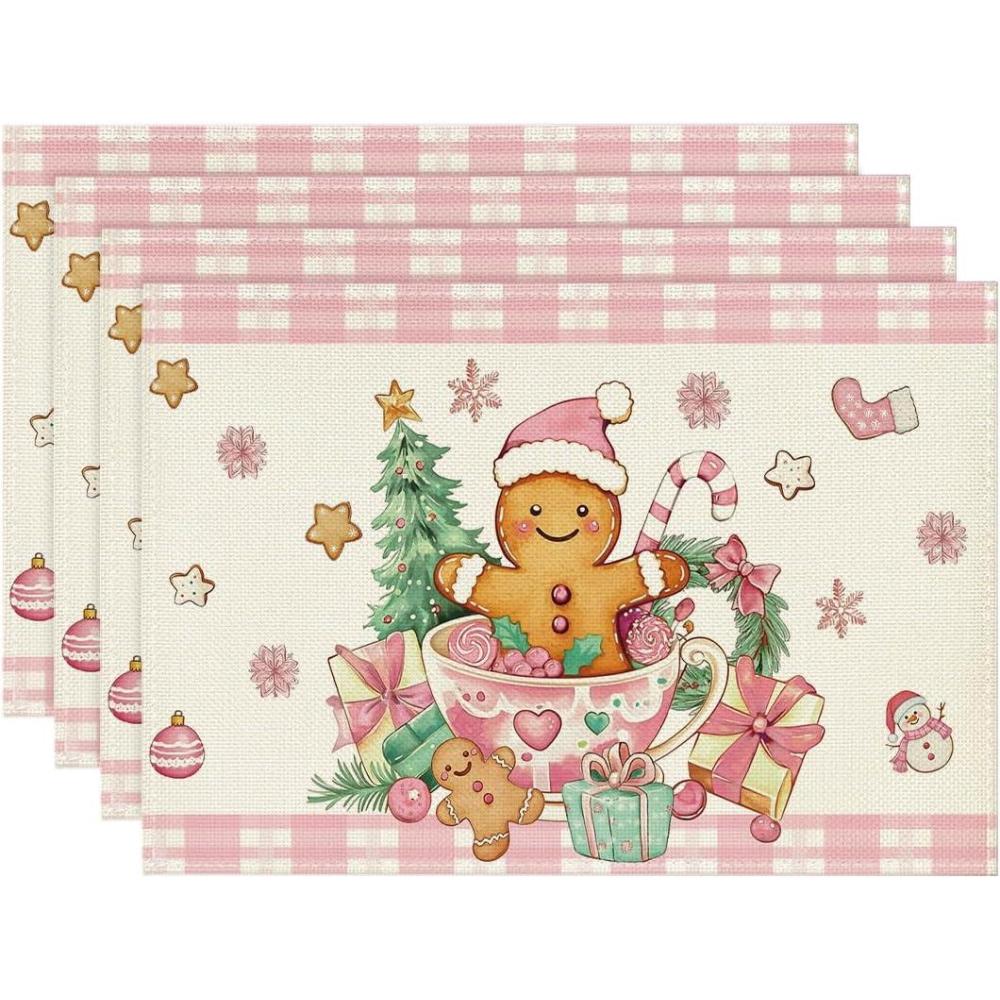 image:imageArtoid Mode Pink Gingerbread Gifts Merry Christmas Placemats Set of 4 12x18 Inch Seasonal Winter Holiday Table Mats for Party Kitchen Dining Decoration