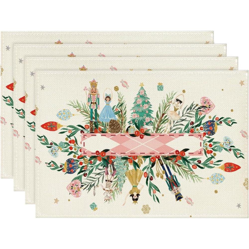 image:imageArtoid Mode Red Nutcracker Floral Holly Christmas Placemats Set of 4 12x18 Inch Seasonal Winter Table Mats for Party Kitchen Dining DecorationBeigePink