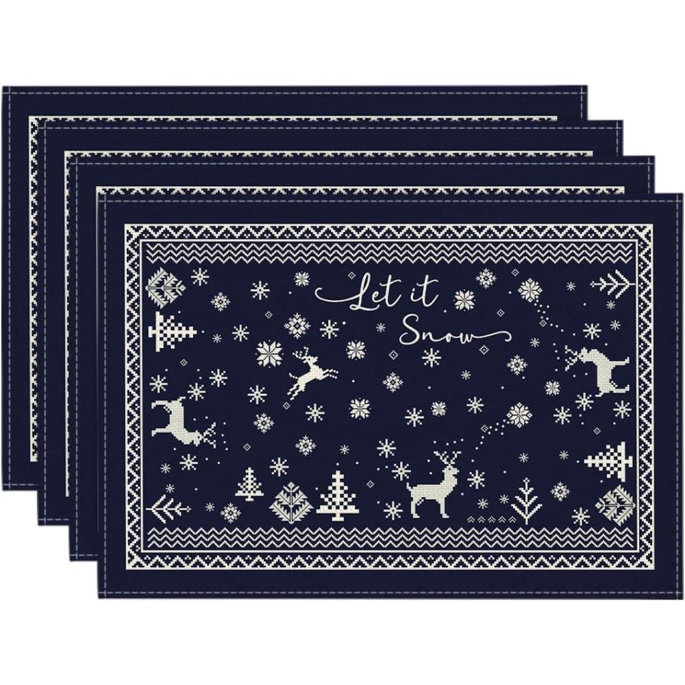 image:imageArtoid Mode Reindeer Snowflakes Winter Placemats Set of 4 12x18 Inch Seasonal Red Fair Isle Table Mats for Party Kitchen Dining DecorationNevy Blue