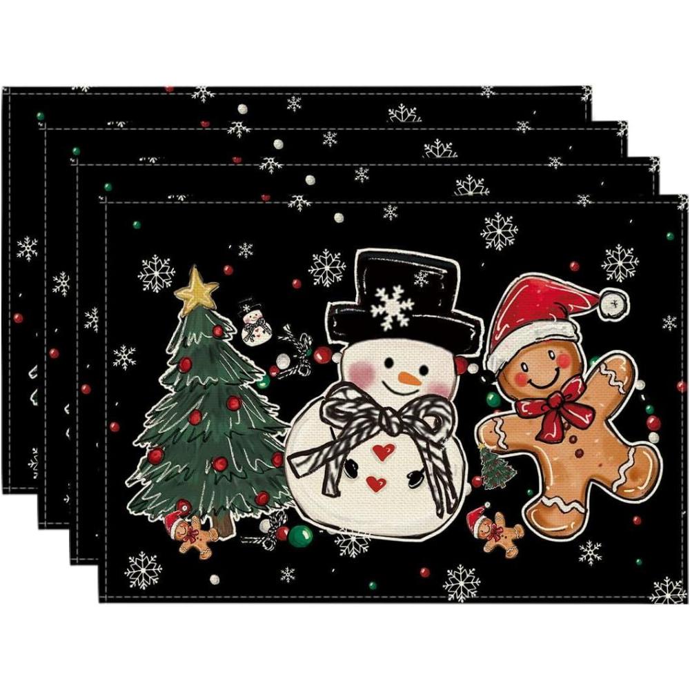 image:imageArtoid Mode Snowman Tree Gingerbread Wood Christmas Placemats Set of 4 12x18 Inch Seasonal Winter Holiday Table Mats for Party Kitchen Dining DecorationBlack