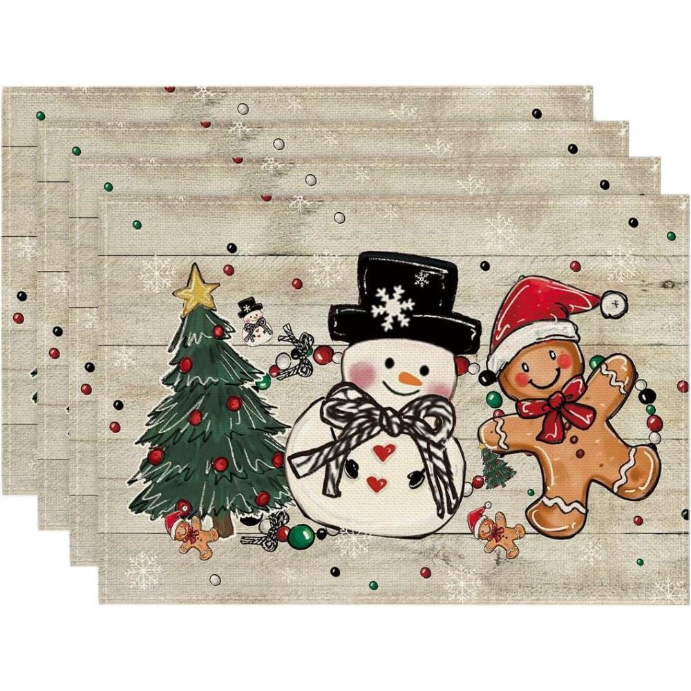 image:imageArtoid Mode Snowman Tree Gingerbread Wood Christmas Placemats Set of 4 12x18 Inch Seasonal Winter Holiday Table Mats for Party Kitchen Dining DecorationWood