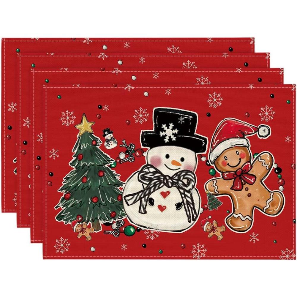 image:imageArtoid Mode Snowman Tree Gingerbread Wood Christmas Placemats Set of 4 12x18 Inch Seasonal Winter Holiday Table Mats for Party Kitchen Dining DecorationRed