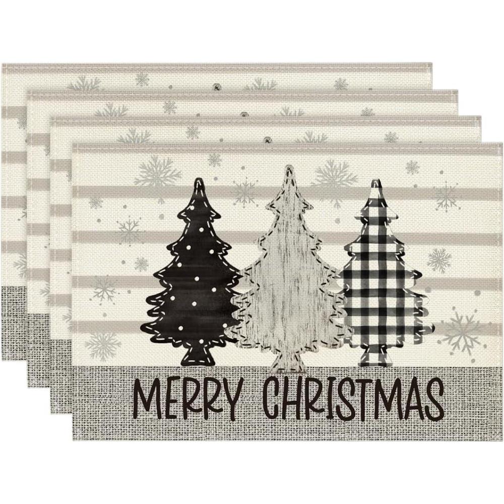image:imageArtoid Mode Stripes Pine Trees Snowflake Merry Christmas Placemats Set of 4 12x18 Inch Winter Xmas Table Mats for Party Kitchen Dining Decoration