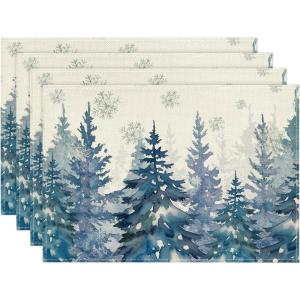 Artoid Mode Pine Trees Green Winter Placemats Set of 4, 12×18 Inch Seasonal Holiday Christmas Place Mats for Party Dining Table(Blue)