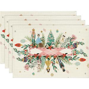 Artoid Mode Red Nutcracker Floral Holly Christmas Placemats Set of 4, 12×18 Inch Seasonal Winter Table Mats for Party Kitchen Dining Decoration(Beige/Pink)