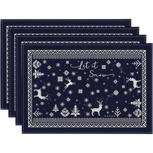 Artoid Mode Reindeer Snowflakes Winter Placemats Set of 4, 12×18 Inch Seasonal Red Fair Isle Table Mats for Party Kitchen Dining Decoration(Nevy Blue)