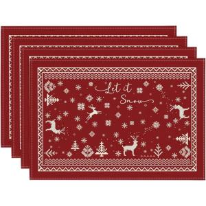 Artoid Mode Reindeer Snowflakes Winter Placemats Set of 4, 12×18 Inch Seasonal Red Fair Isle Table Mats for Party Kitchen Dining Decoration(Red)