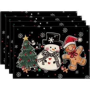 Artoid Mode Snowman Tree Gingerbread Wood Christmas Placemats Set of 4, 12×18 Inch Seasonal Winter Holiday Table Mats for Party Kitchen Dining Decoration(Black)