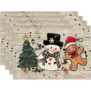 Artoid Mode Snowman Tree Gingerbread Wood Christmas Placemats Set of 4, 12×18 Inch Seasonal Winter Holiday Table Mats for Party Kitchen Dining Decoration(Wood)