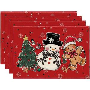 Artoid Mode Snowman Tree Gingerbread Wood Christmas Placemats Set of 4, 12×18 Inch Seasonal Winter Holiday Table Mats for Party Kitchen Dining Decoration(Red)