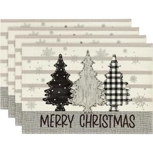 Artoid Mode Stripes Pine Trees Snowflake Merry Christmas Placemats Set of 4, 12×18 Inch Winter Xmas Table Mats for Party Kitchen Dining Decoration
