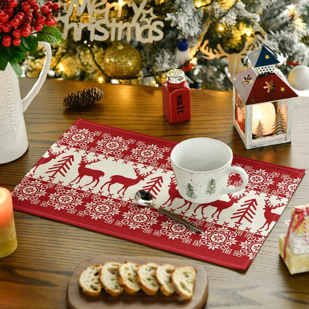 image:imageArtoid Mode Fair Isle Pattern Deers Winter Placemats Set of 4 12x18 Inch Christmas Table Mats for Table Runner Party Kitchen Dining DecorationRedBeige