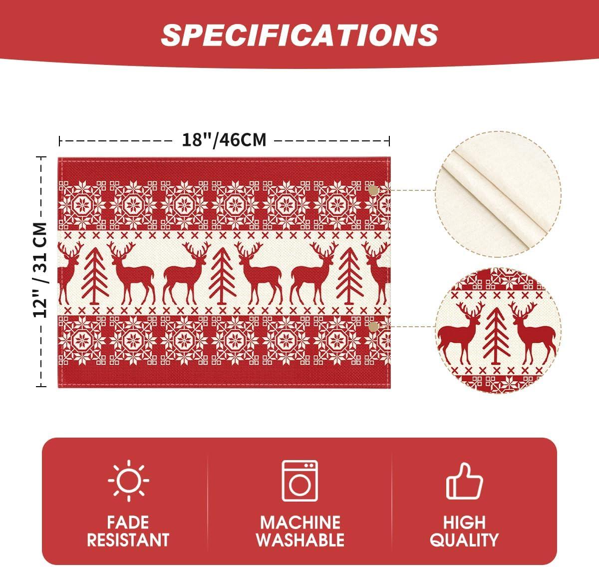 image:imageArtoid Mode Fair Isle Pattern Deers Winter Placemats Set of 4 12x18 Inch Christmas Table Mats for Table Runner Party Kitchen Dining DecorationRedBeige