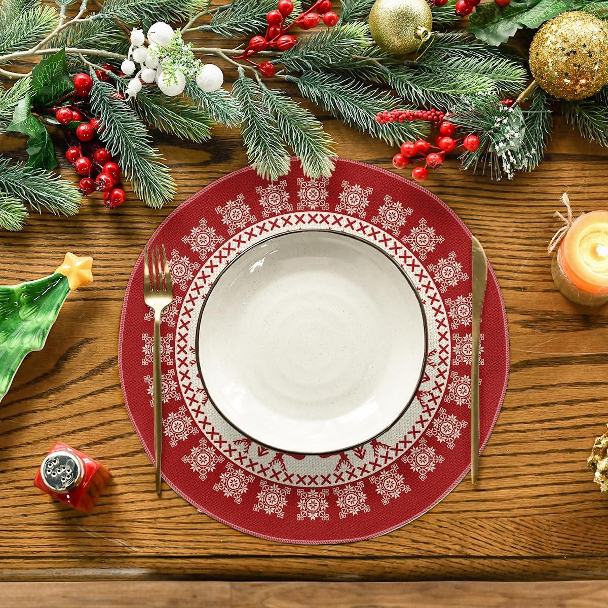 image:imageArtoid Mode Fair Isle Pattern Deers Winter Placemats Set of 4 12x18 Inch Christmas Table Mats for Table Runner Party Kitchen Dining DecorationRedBeige