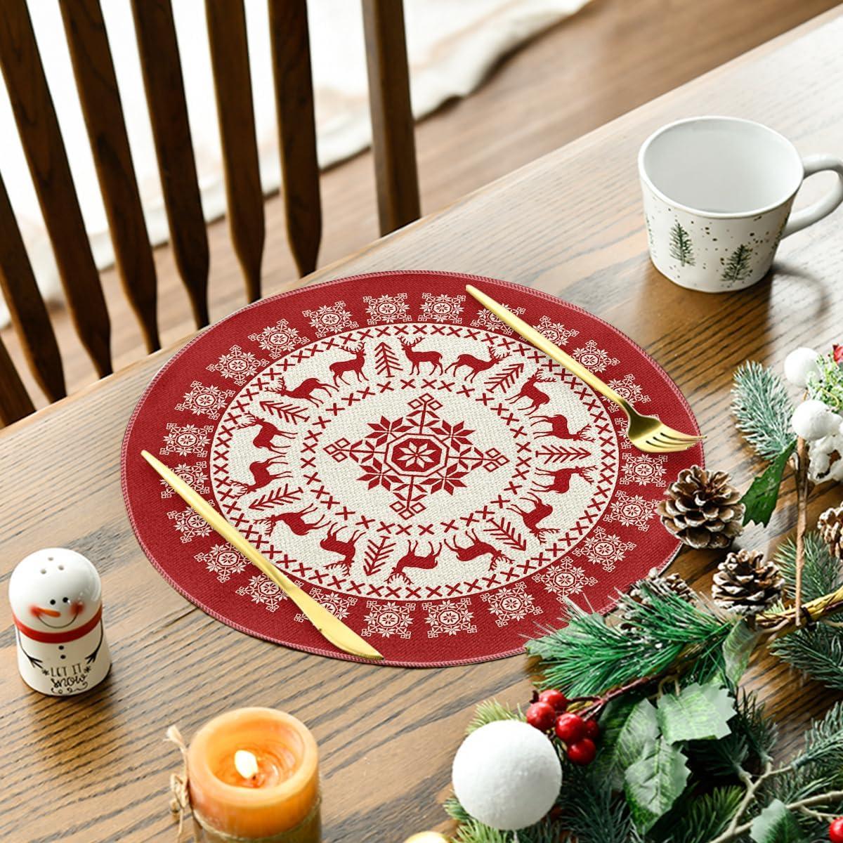 image:imageArtoid Mode Fair Isle Pattern Deers Winter Placemats Set of 4 12x18 Inch Christmas Table Mats for Table Runner Party Kitchen Dining DecorationRedBeige