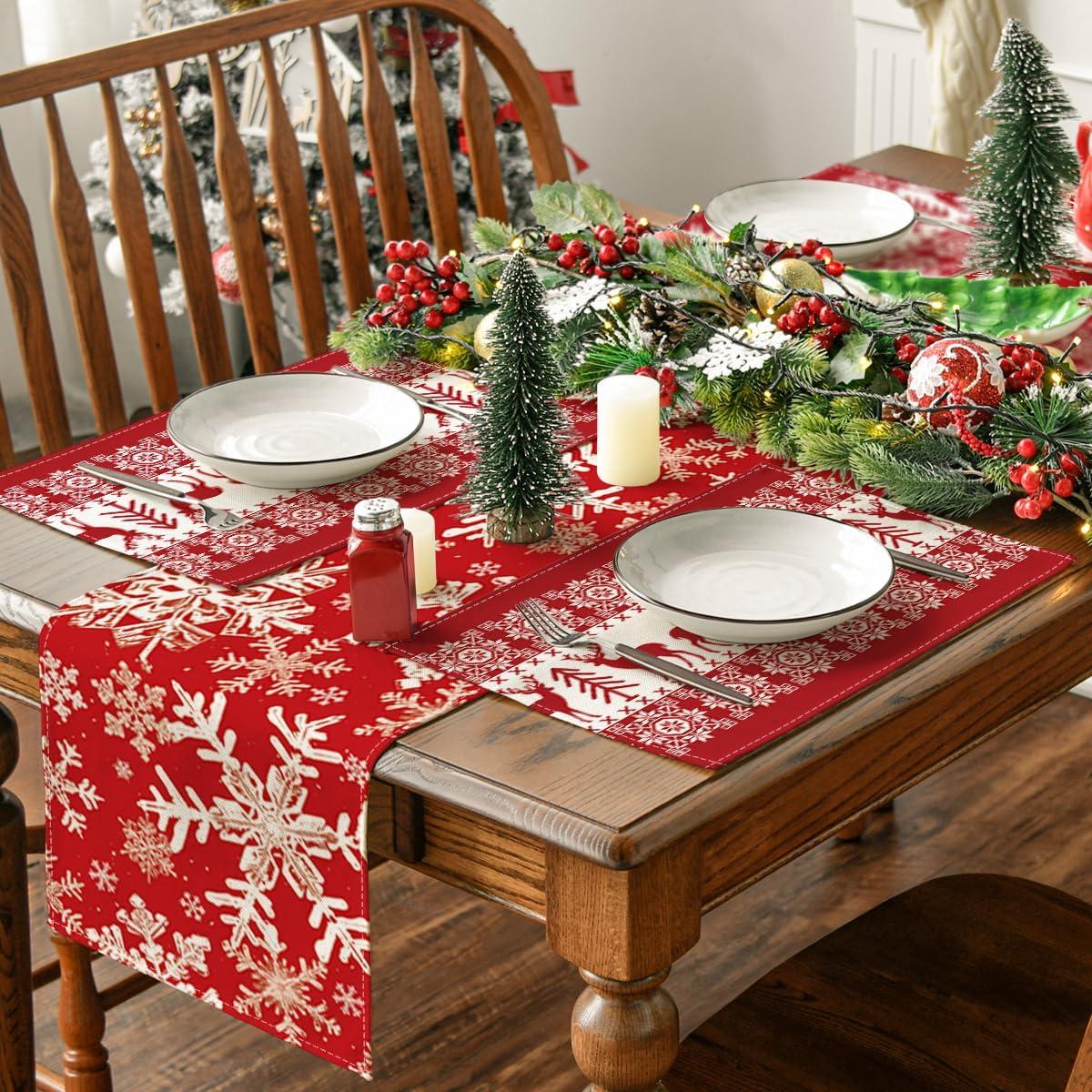 image:imageArtoid Mode Fair Isle Pattern Deers Winter Placemats Set of 4 12x18 Inch Christmas Table Mats for Table Runner Party Kitchen Dining DecorationRedBeige
