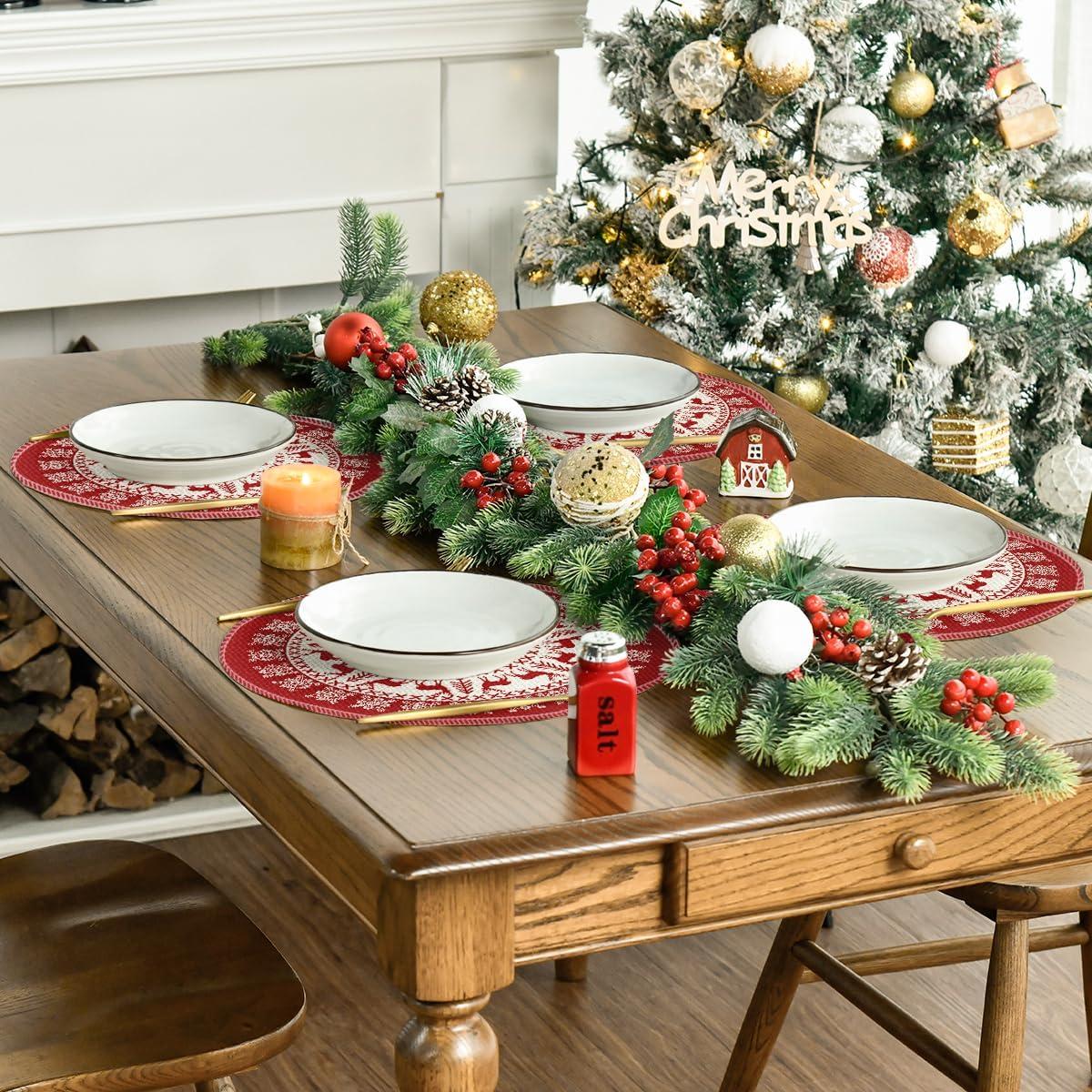 image:imageArtoid Mode Fair Isle Pattern Deers Winter Placemats Set of 4 12x18 Inch Christmas Table Mats for Table Runner Party Kitchen Dining DecorationRedBeige