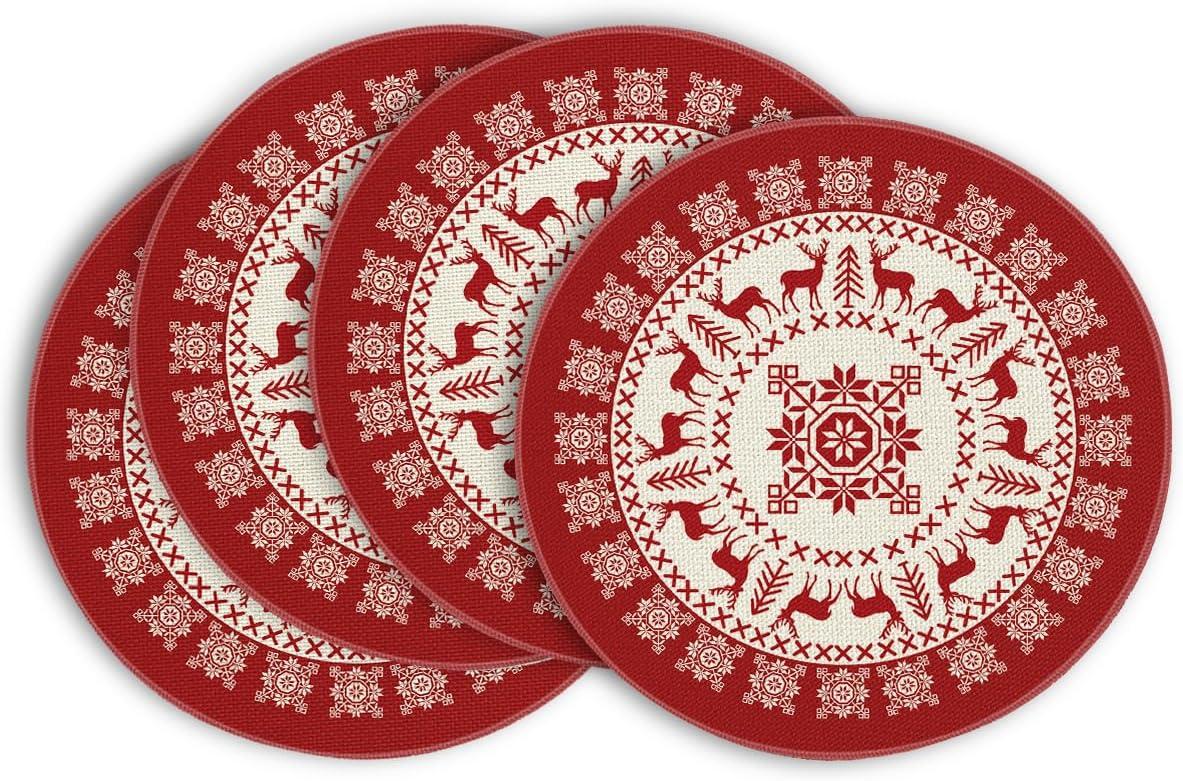image:imageArtoid Mode Fair Isle Pattern Deers Winter Placemats Set of 4 12x18 Inch Christmas Table Mats for Table Runner Party Kitchen Dining DecorationRedBeige