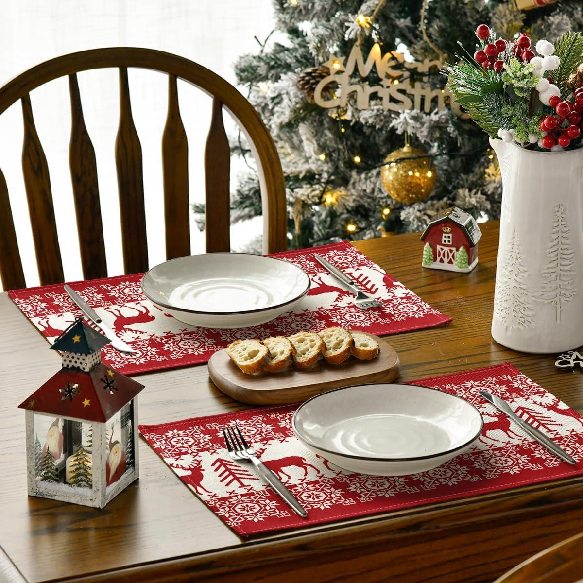 image:imageArtoid Mode Fair Isle Pattern Deers Winter Placemats Set of 4 12x18 Inch Christmas Table Mats for Table Runner Party Kitchen Dining DecorationRedBeige