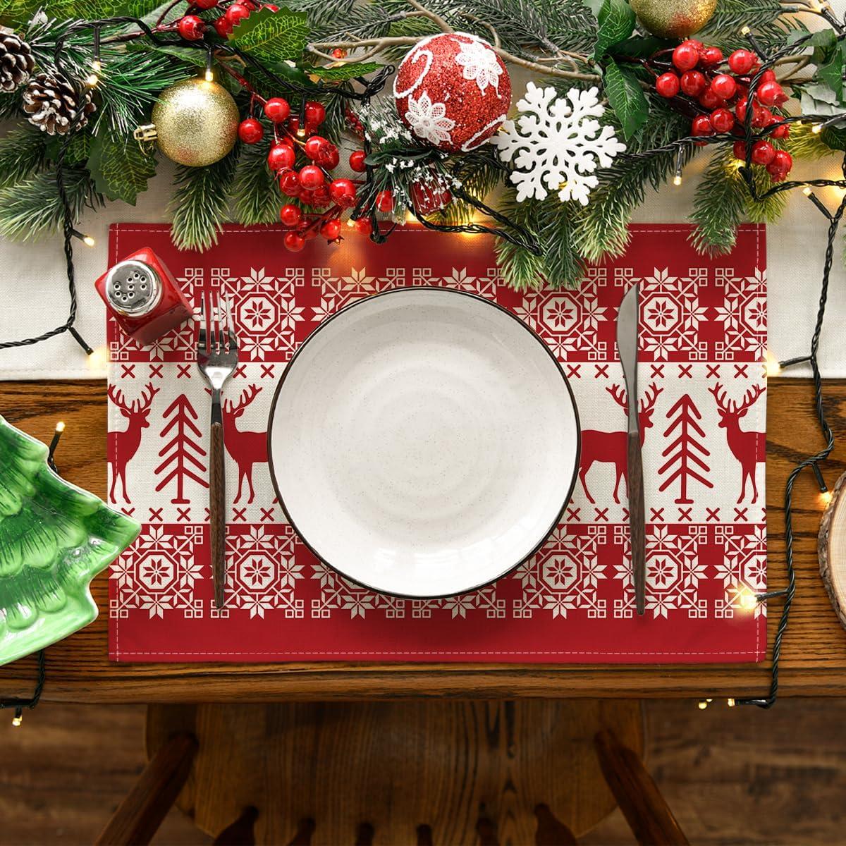image:imageArtoid Mode Fair Isle Pattern Deers Winter Placemats Set of 4 12x18 Inch Christmas Table Mats for Table Runner Party Kitchen Dining DecorationRedBeige