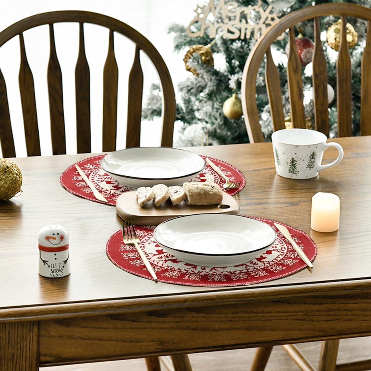 image:imageArtoid Mode Fair Isle Pattern Deers Winter Placemats Set of 4 12x18 Inch Christmas Table Mats for Table Runner Party Kitchen Dining DecorationRedBeige