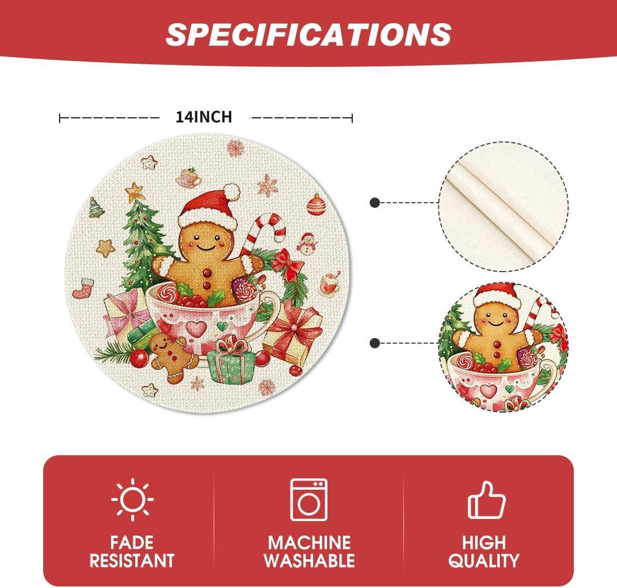 image:imageArtoid Mode Gingerbread Gifts Round Winter Placemats Set of 4 14 Inch Christmas Place Mats for Gift Party Table Dining Decoration