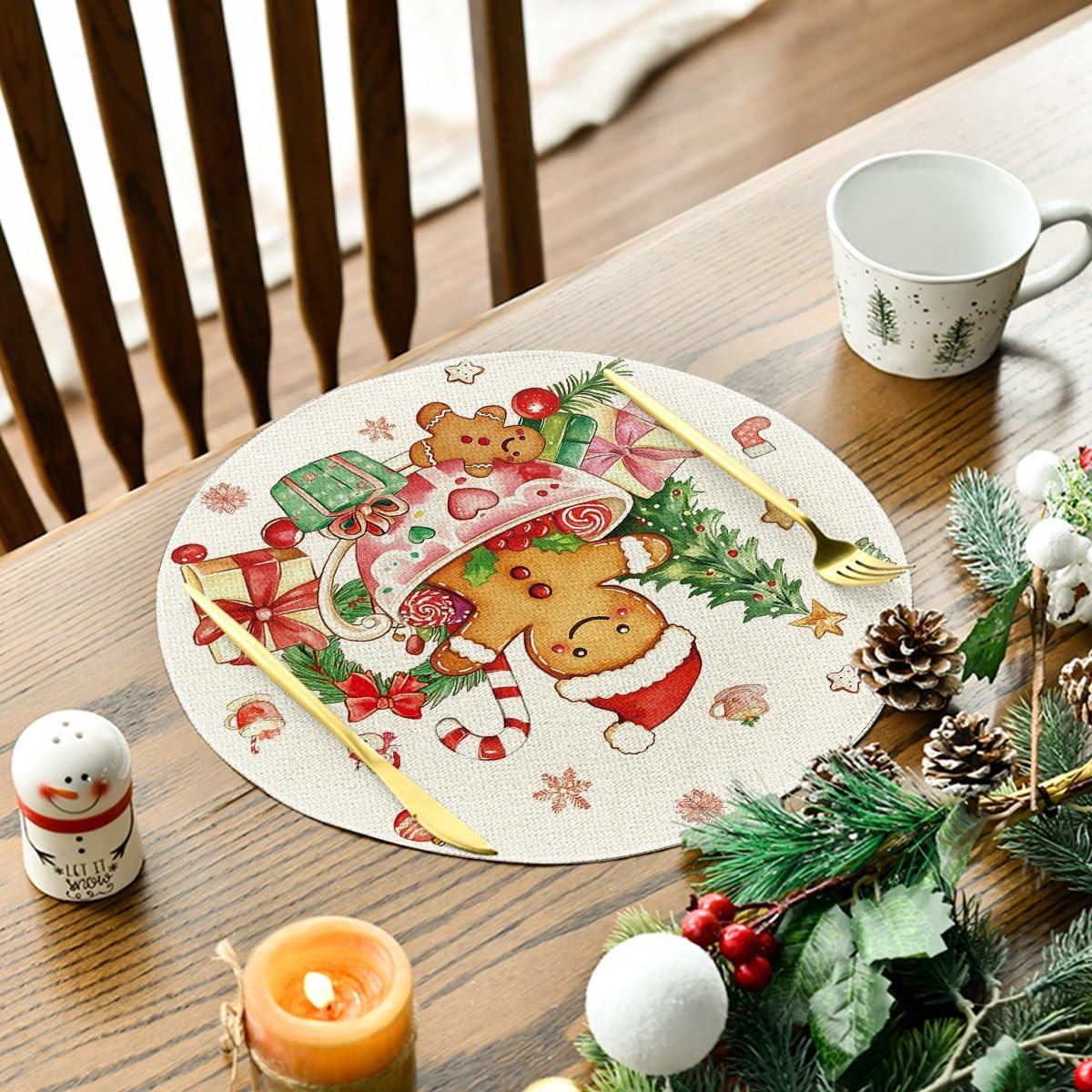 image:imageArtoid Mode Gingerbread Gifts Round Winter Placemats Set of 4 14 Inch Christmas Place Mats for Gift Party Table Dining Decoration