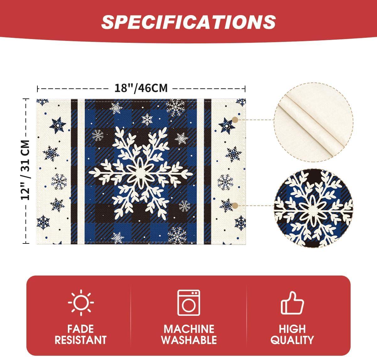 image:imageArtoid Mode Gray Buffalo Plaid Snowflakes Winter Placemats Set of 4 12x18 Inch Christmas Table Mats for Party Kitchen Dining DecorationBlue