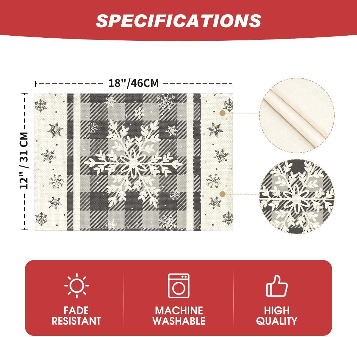 image:imageArtoid Mode Gray Buffalo Plaid Snowflakes Winter Placemats Set of 4 12x18 Inch Christmas Table Mats for Party Kitchen Dining DecorationGray