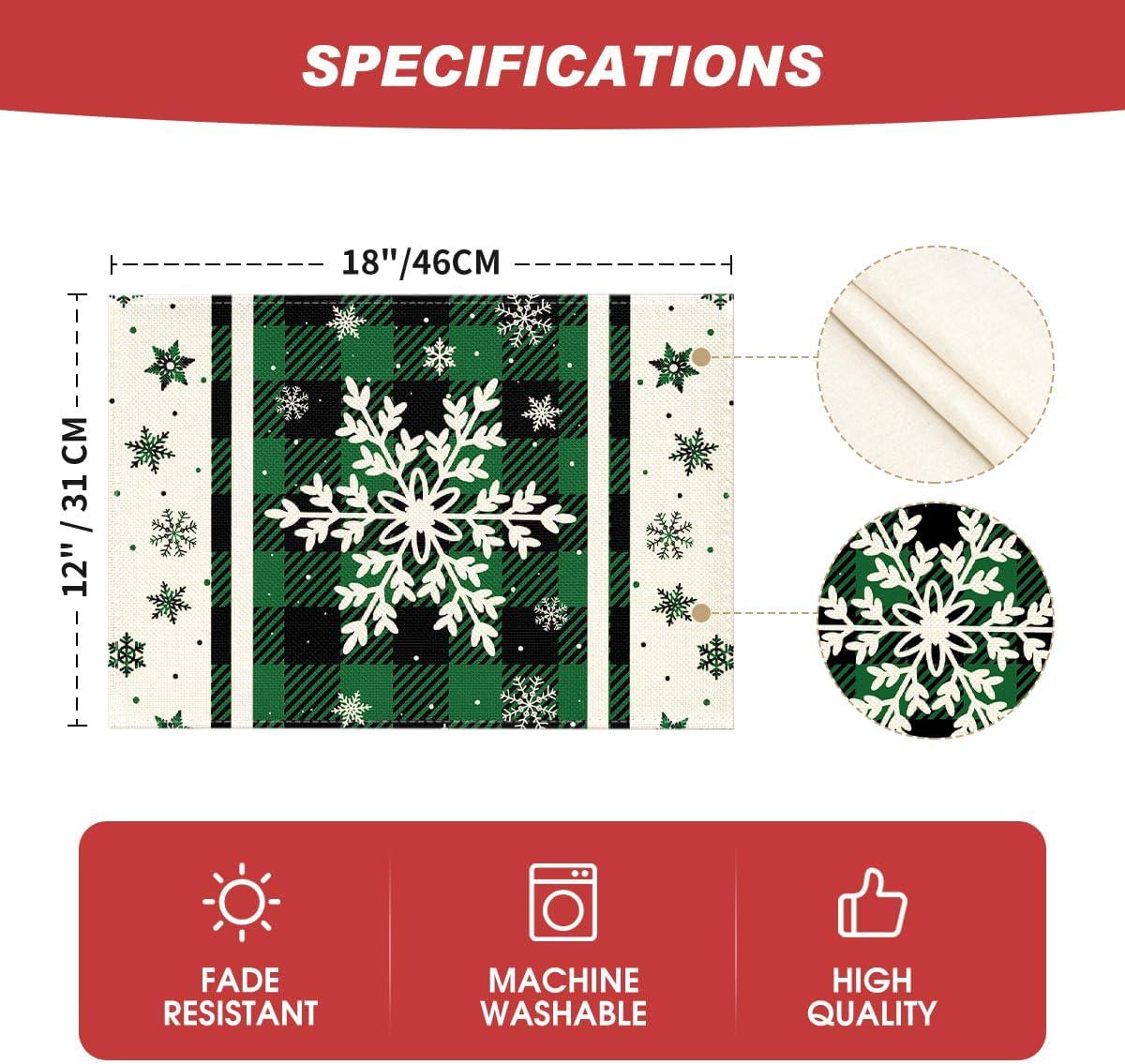 image:imageArtoid Mode Gray Buffalo Plaid Snowflakes Winter Placemats Set of 4 12x18 Inch Christmas Table Mats for Party Kitchen Dining DecorationGreen