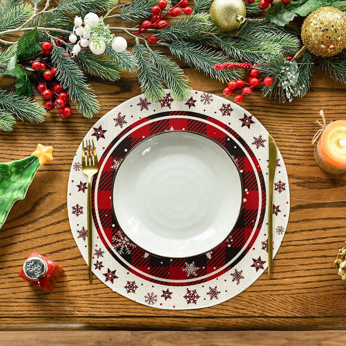 image:imageArtoid Mode Gray Buffalo Plaid Snowflakes Winter Placemats Set of 4 12x18 Inch Christmas Table Mats for Party Kitchen Dining DecorationRed