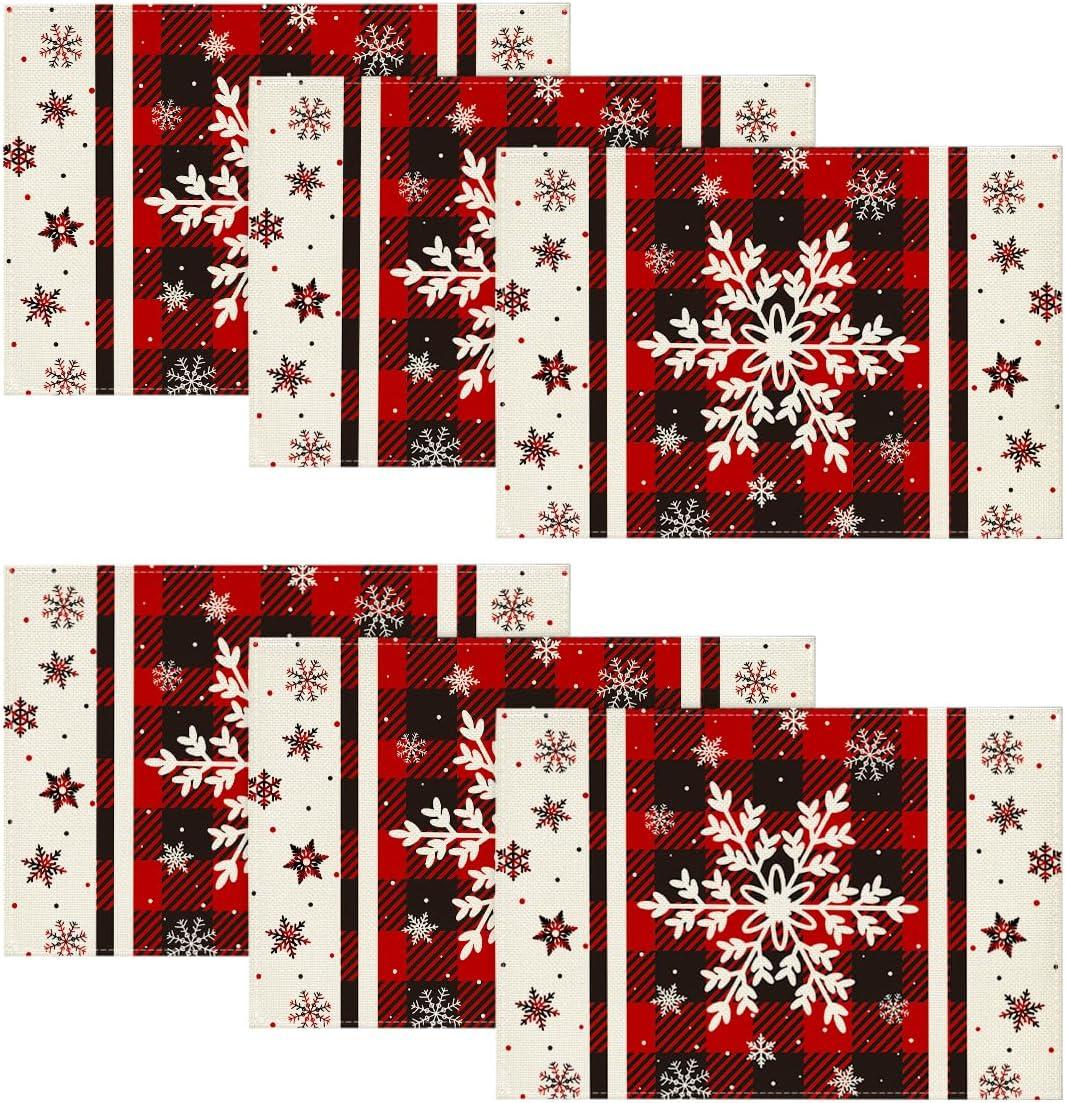 image:imageArtoid Mode Gray Buffalo Plaid Snowflakes Winter Placemats Set of 4 12x18 Inch Christmas Table Mats for Party Kitchen Dining DecorationRed