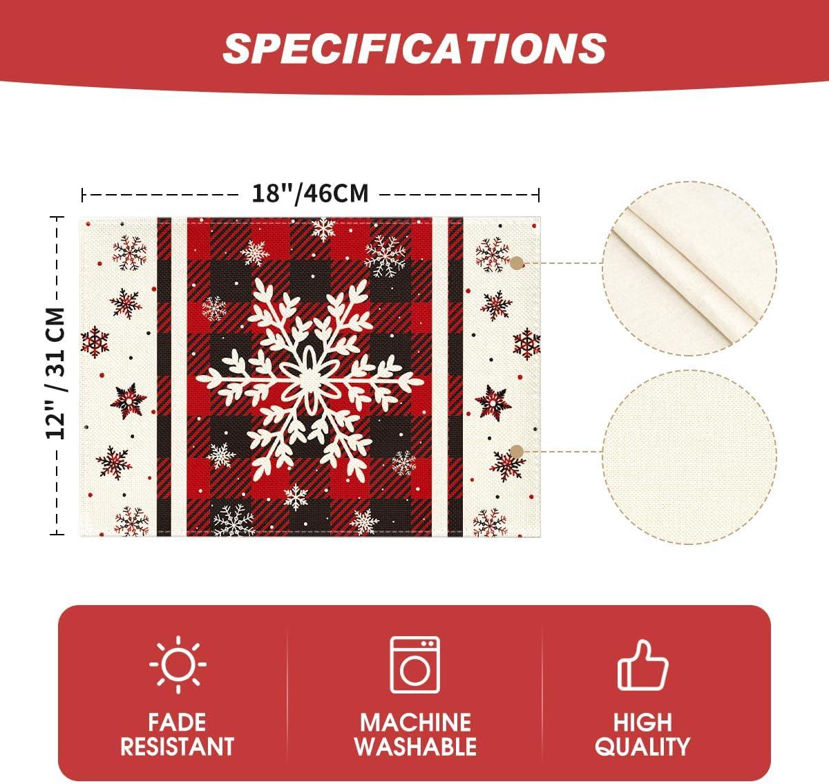 image:imageArtoid Mode Gray Buffalo Plaid Snowflakes Winter Placemats Set of 4 12x18 Inch Christmas Table Mats for Party Kitchen Dining DecorationRed