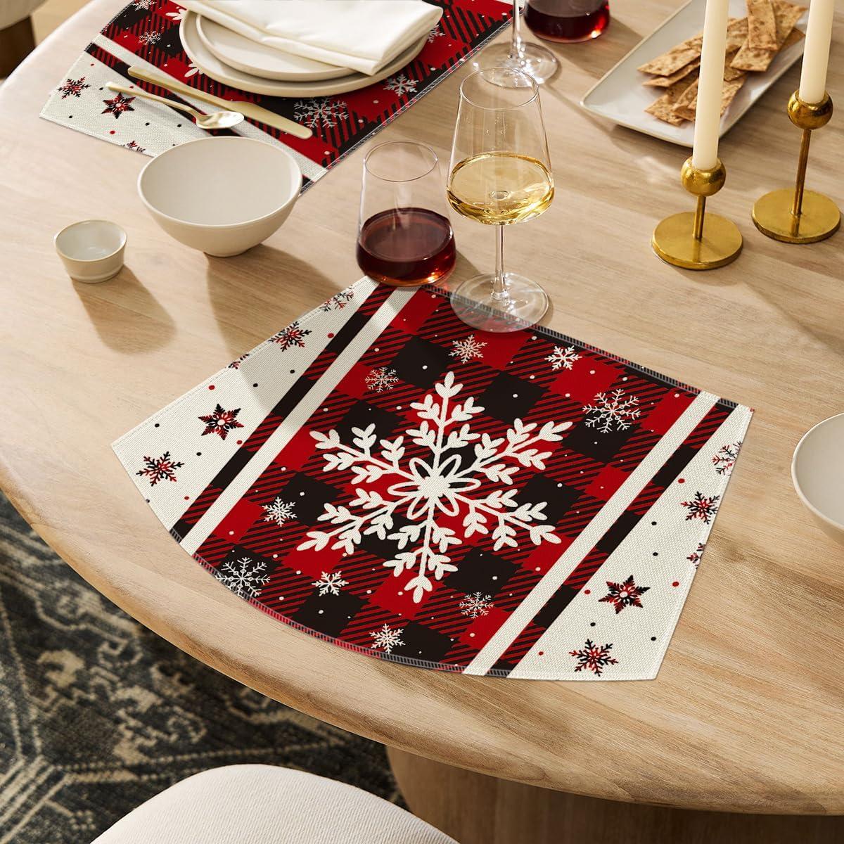 image:imageArtoid Mode Gray Buffalo Plaid Snowflakes Winter Placemats Set of 4 12x18 Inch Christmas Table Mats for Party Kitchen Dining DecorationRed